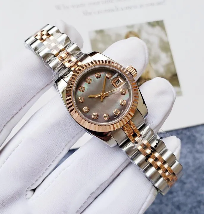 26mm 여성 시계 로즈 골드 자동 기계 크 레 드 베젤 스테인레스 스틸 팔찌 패션 소녀 시계 선물