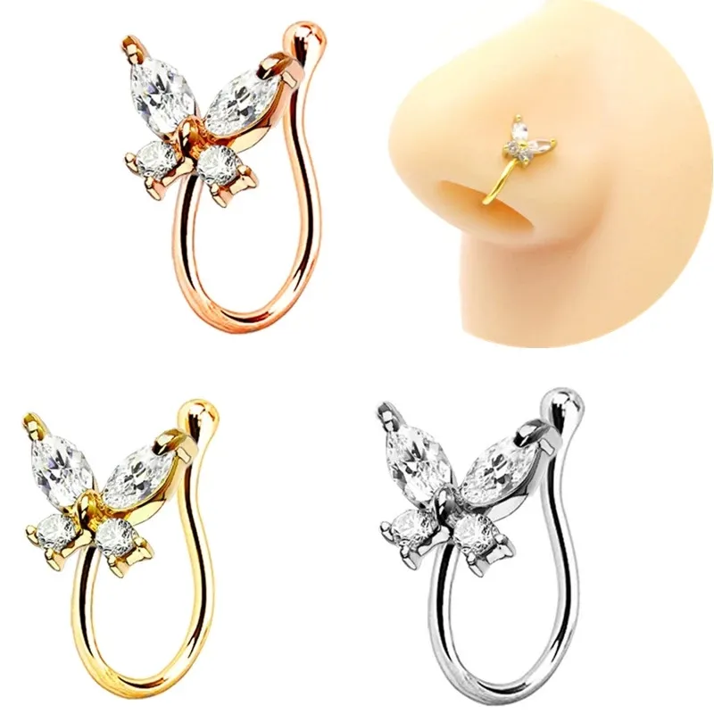 2021 Błyszczący kryształowy motyl fałszywy piercing pierścienie Punk Kreatywny Non Piercing Clip Nos Ring Clip Nose Cuff Body Jewelry