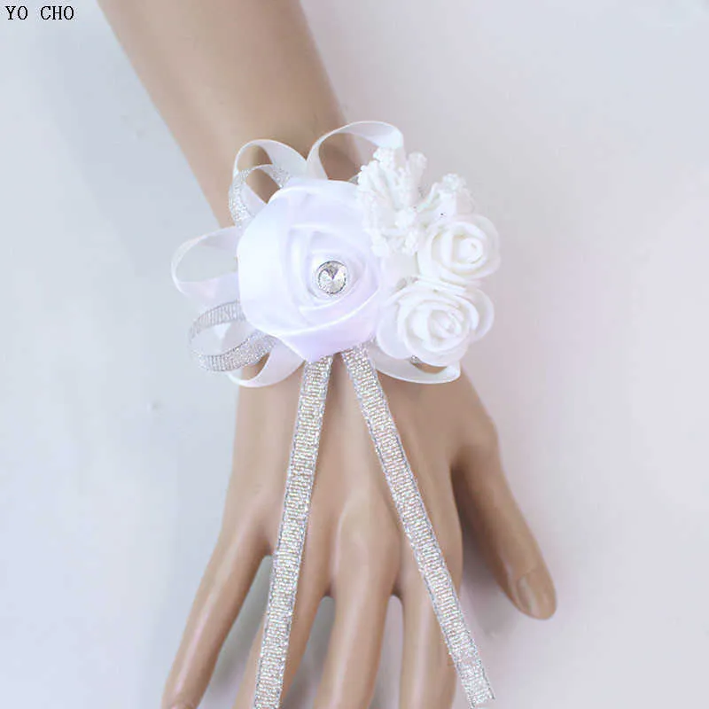 wedding wrist corsage Bracelet bridesmaid rose silk white pink marriage wrist corsage (174)