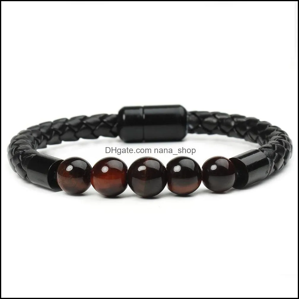 Stainless Steel Magnetic Buckle Clasp 8mm Matte Onyx/Tiger Eye/Howlite Turquoise Stone Beaded Leather Rope Bracelet Wristbands for Men