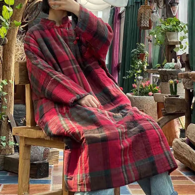 Johnature Women Warm Plaid Cotton Winter Parkas O-Neck Long Sleeve Robes Winter Loose Thick Women Vintage Parkas 210521