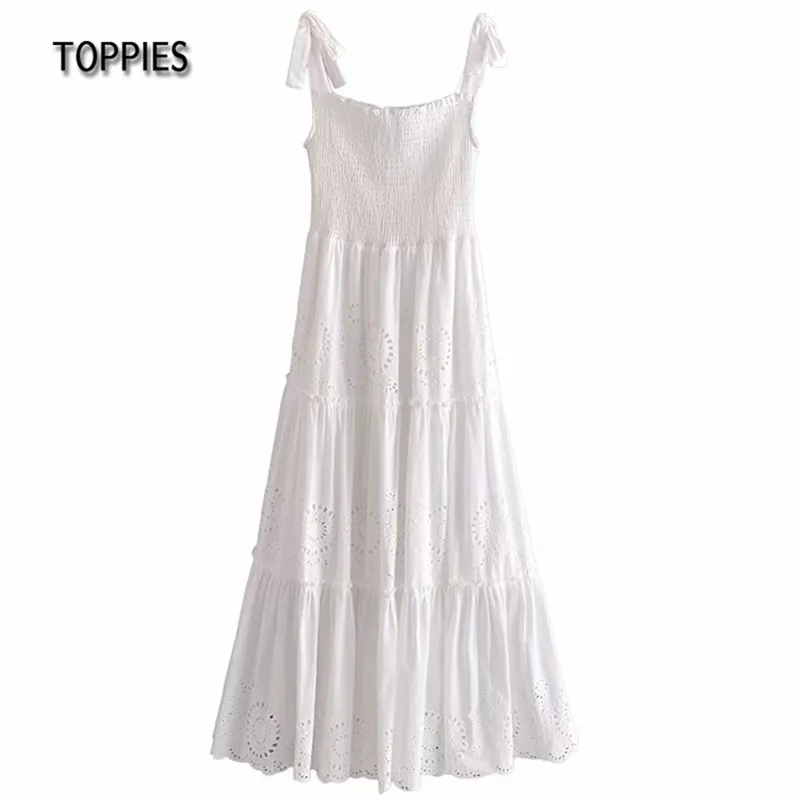 Robe Maxi en coton blanc d'été Vintage brodé creux vacances plage robe d'été femme 210421