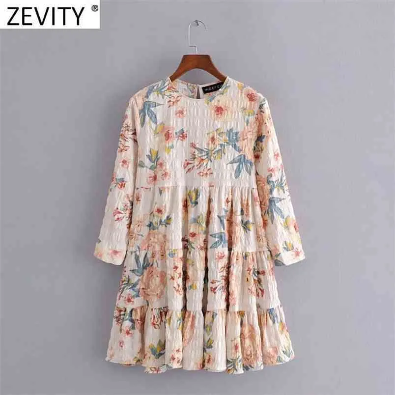 Women Elegant Flower Print Pleat Ruffles Mini Dress Female Chic Three Quarter Sleeve Casual Straight Vestidos DS8251 210420