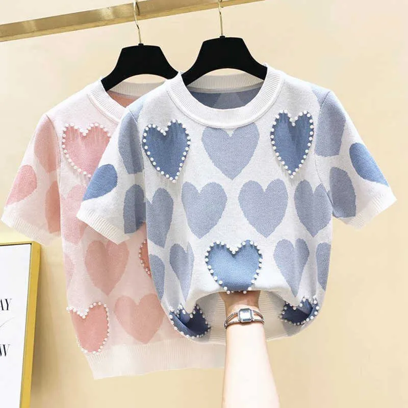 Verão Sweet Style Loving Moda Beading Manga Curta T-shirt T-shirt Das Mulheres All-Matching Pullover Chic Tshirt Ladies Tops Pink Y0621