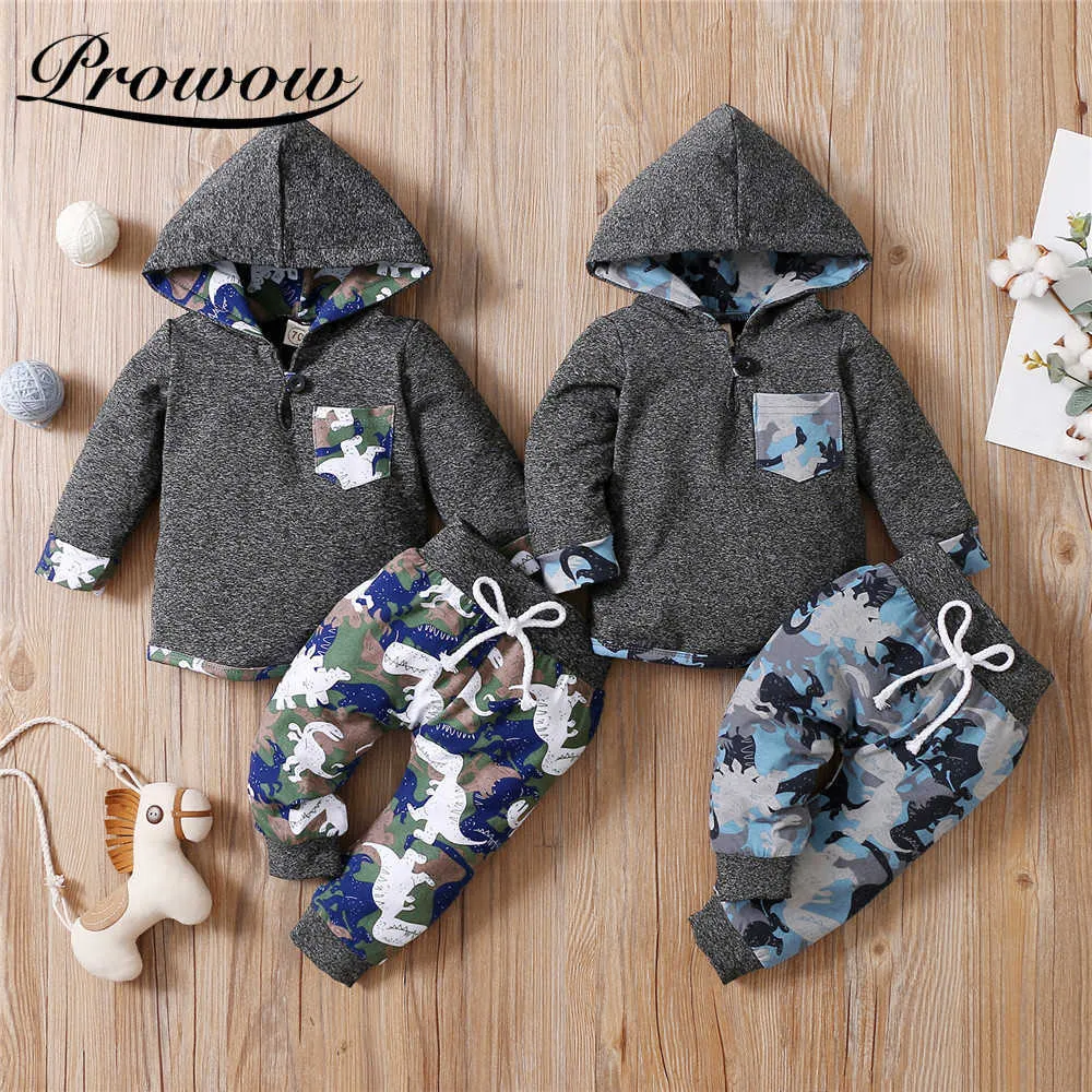 Prowow Patchwork Kids Boys Set di abbigliamento Cartoon Baby Dinosaur Clothes 2 pezzi Ragazzi Top con cappuccio + pantaloni Manica lunga Abiti per bambini G1023