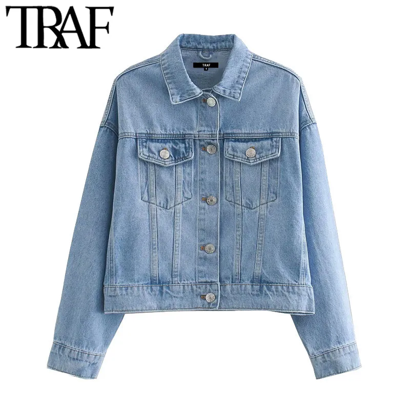 TRAF Moda Moda Luva Amplo Cropped Jeet Denim Casaco Casaco Vintage Lapela Collar Patch Pockets Feminino Outerwear Chique Tops 210415