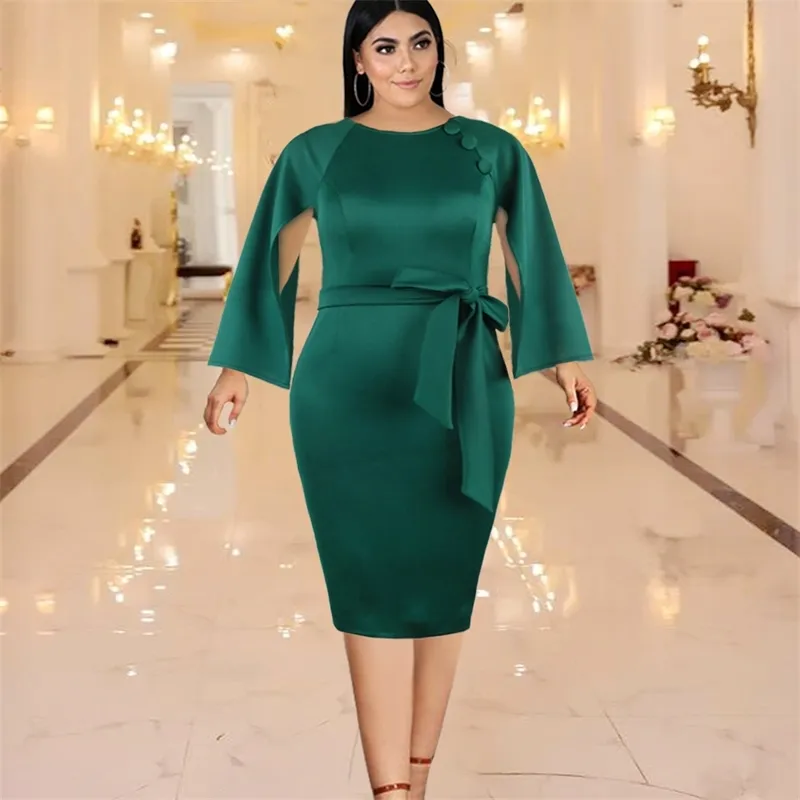 Figurbetontes Kleid Plus Size Frauen Mantel Ärmel Knöpfe Schärpen Slim Office Lady Midi Abend Party Abendessen Anlass Robe Drop 210527