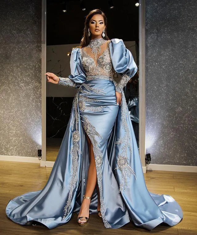 Light Sky Blue Mermaid Formal Evening Dresses For Arabic Women With Overskirt Train Luxurious Beaded Lace Appliques Custom Made Prom Pageant Party Gowns
