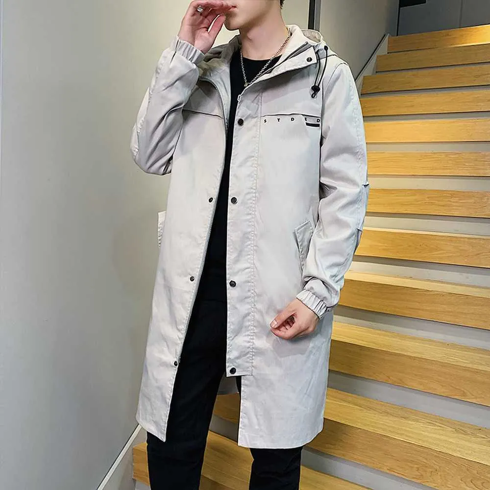 Casaco de trench capuz homens moda moda longo windbreaker jaqueta moda roupas outono casaco de moda coreano com capuz 211011