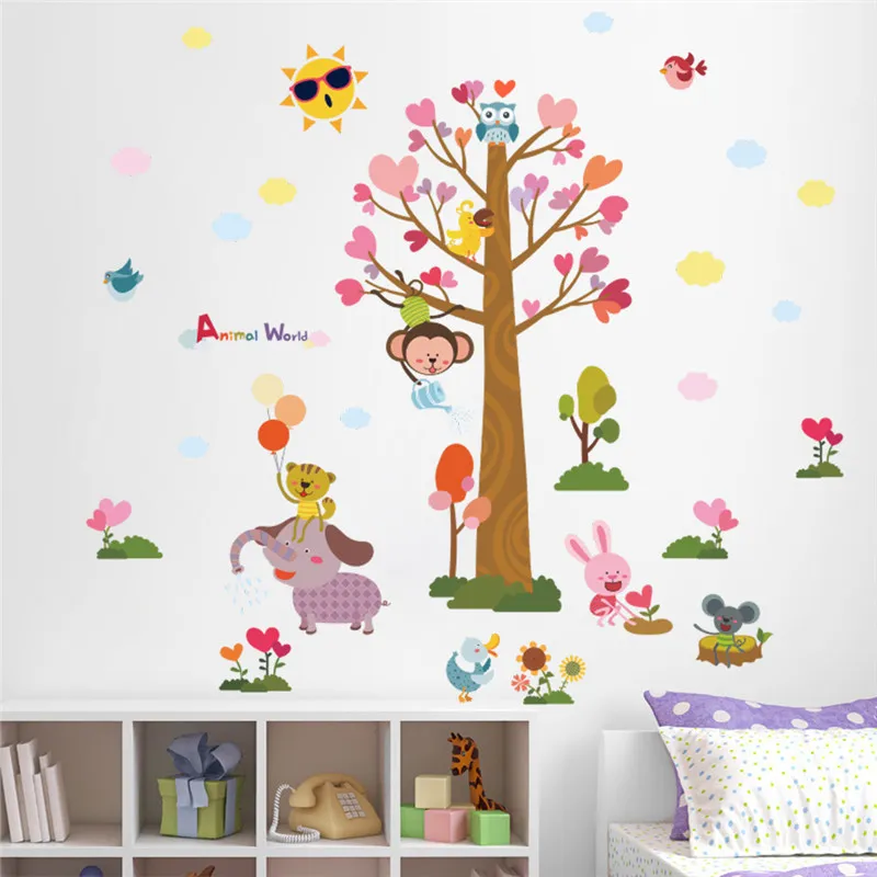 Dibujos animados animales mundo árbol mono búho pájaro pegatinas de pared para habitaciones de niños niños calcomanía de pared vivero dormitorio decoración cartel mural 210420