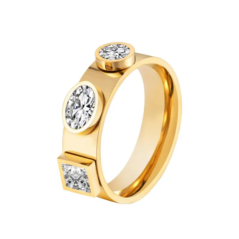 Anillos de racimo Anillo de oro de acero inoxidable 3 Gran piedra CZ para hombres Mujeres Compromiso de boda Regalo de joyería