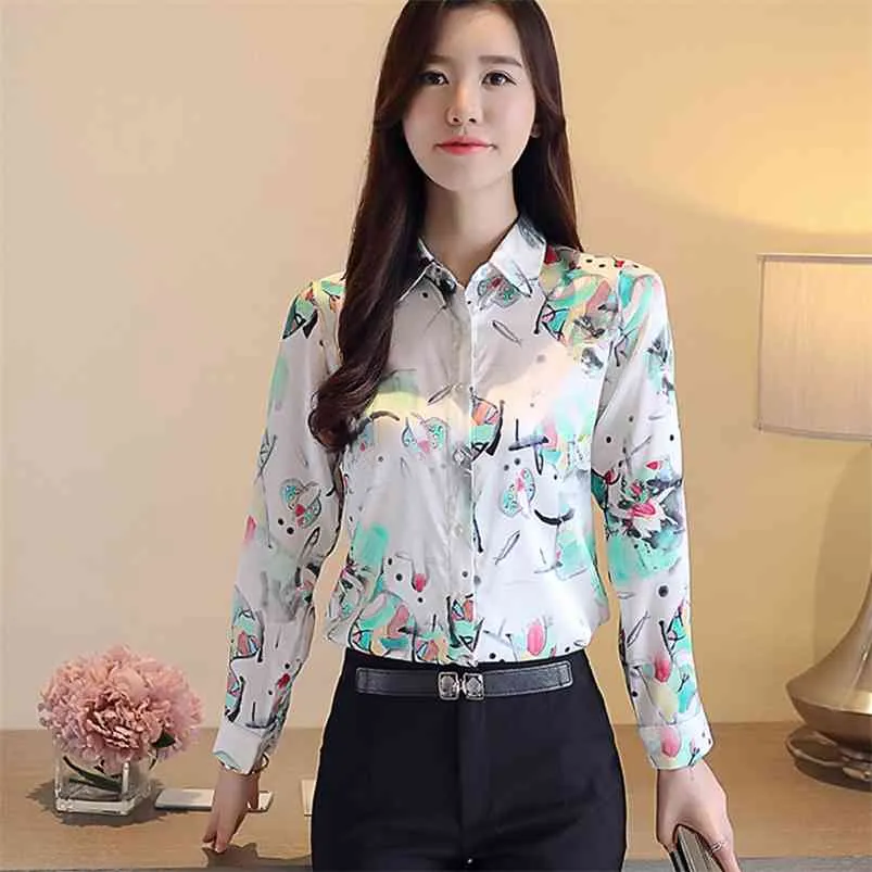 İlkbahar Sonbahar kadın Gömlek Kore Baskılı Gevşek Bluz Rahat Uzun Kollu Taban Bayan Tops GX780 210507