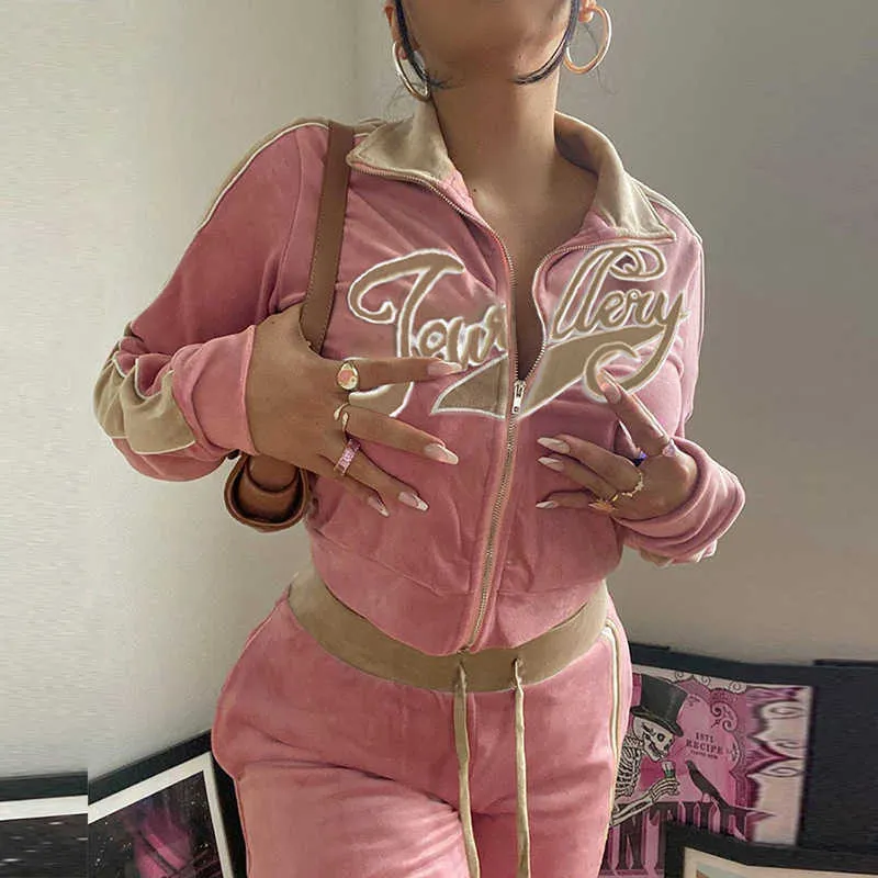 Jaded Y2K London Duas peças Set Mulheres Tracksuits Outono Inverno Streetwear Carta Bordado Bordado de Manga Longa Calças de Jaqueta Conjuntos 210930