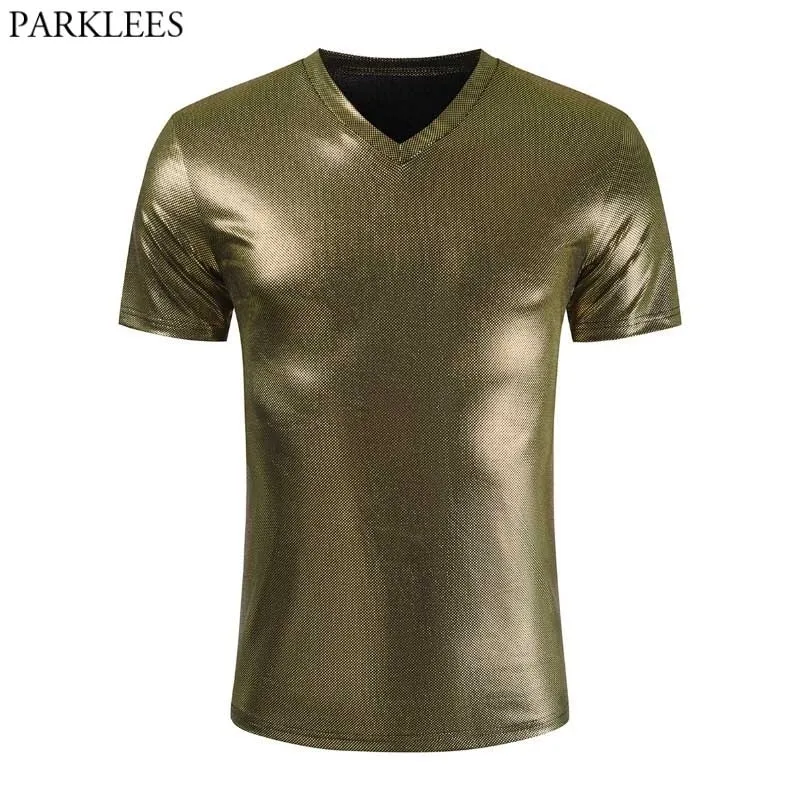 Gold Metallic NightClub Wear Tshirt Hommes Slim Fit Col V Glitter T-shirts Hommes Tee Shirt Homme Party Stage Prom Vêtements 210522