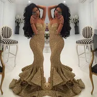 Wholesale New Designer Bling Gold Sequins Mermaid Prom Dresses Spaghetti Open Back Ruffles Sweep Train Evening Gowns Pageant Dress Formal BA1086