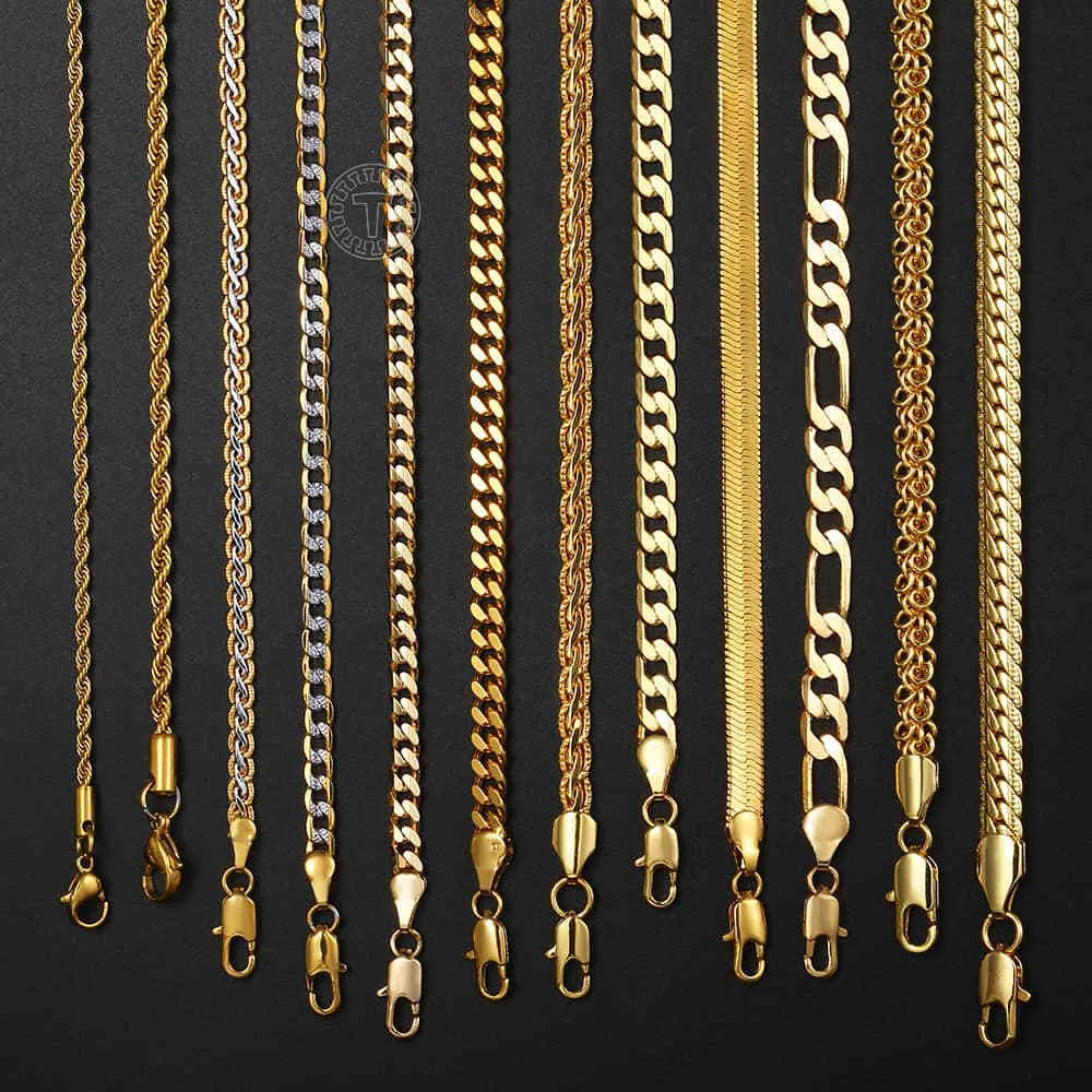 Gold Chain For Men Women Wheat Figaro Rope Cuban Link Chain Gold Filled Stainless Steel Necklaces Male Jewelry Gift Wholesale