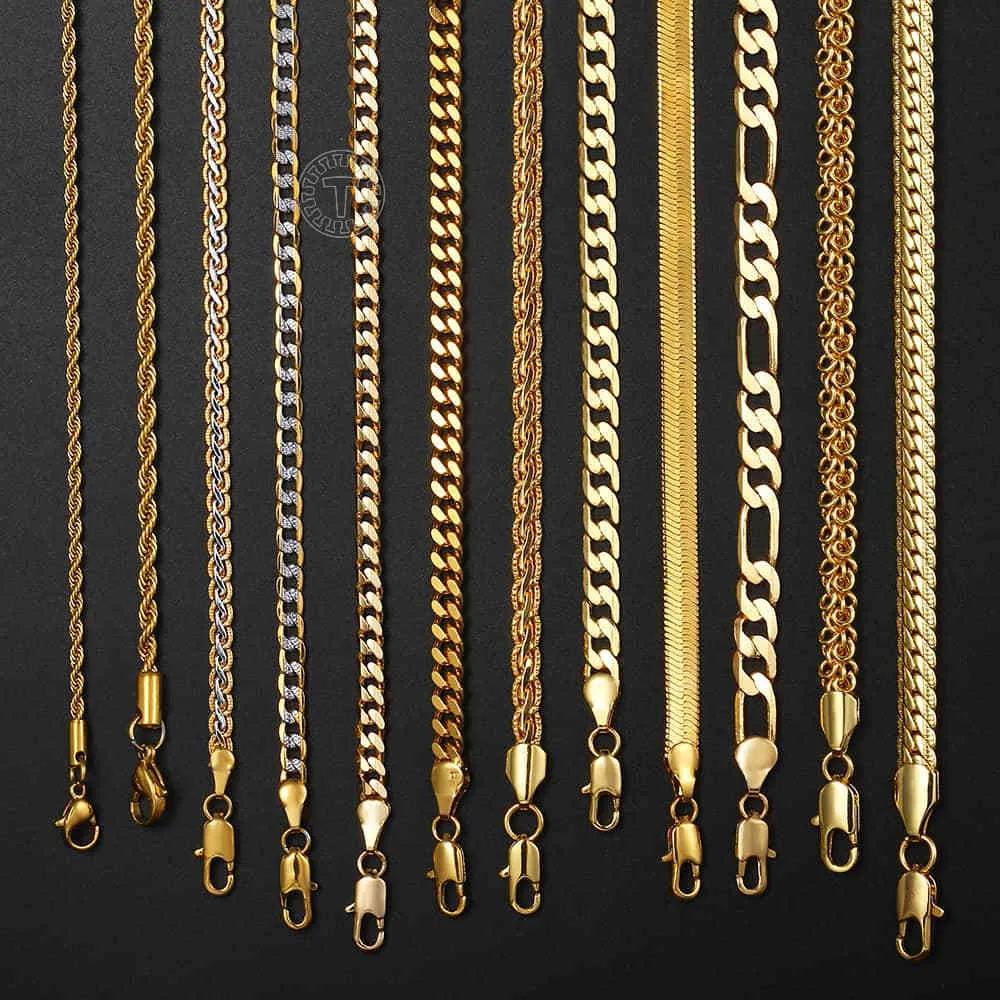 Chaîne en or pour hommes et femmes, corde Figaro de blé, chaîne à maillons cubains, colliers en acier inoxydable remplis d'or, bijoux masculins, cadeau, vente en gros