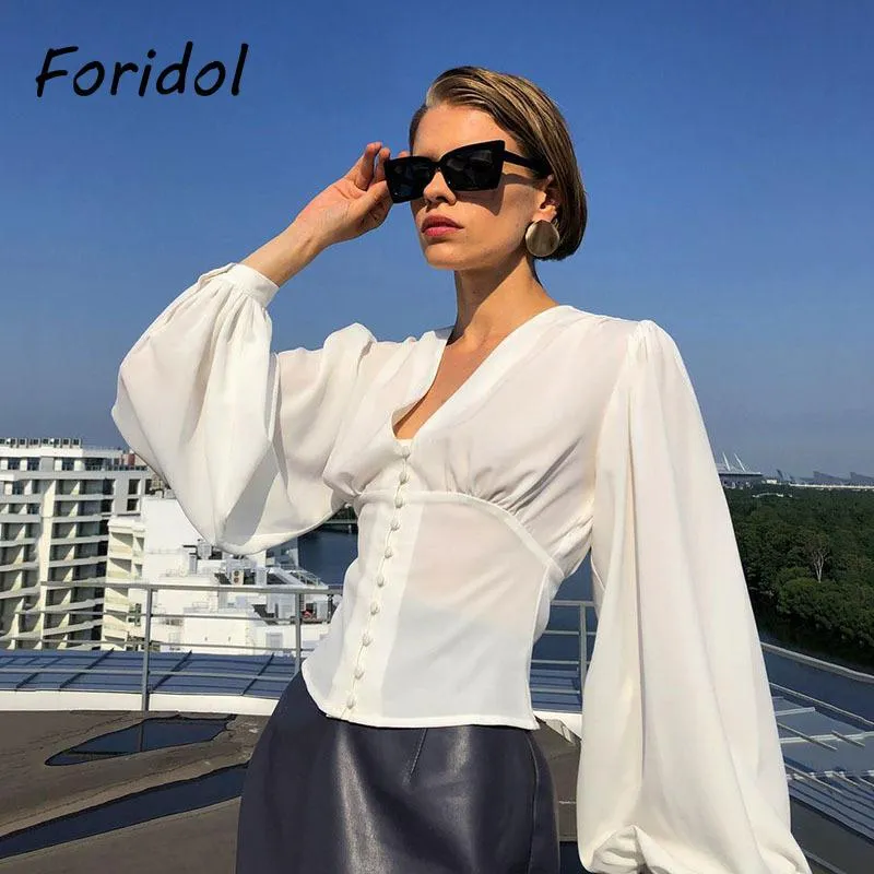 Foridol Lantern Sleeve Vit Blus Toppar V Neck Button Up Crop Spring Autumn French Style Casual Shirts 2021 Kvinnors Blusar