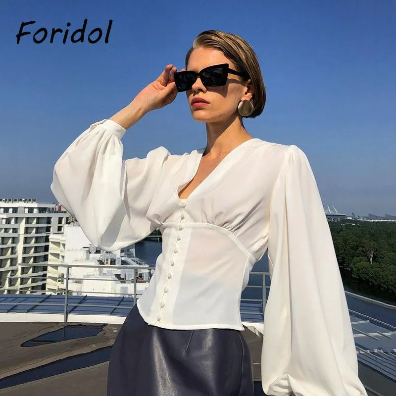 Foridol 랜턴 슬리브 화이트 블라우스 탑 v 목 버튼 자르기 봄 가을 프랑스 스타일 캐주얼 셔츠 2021 여성의 블라우스
