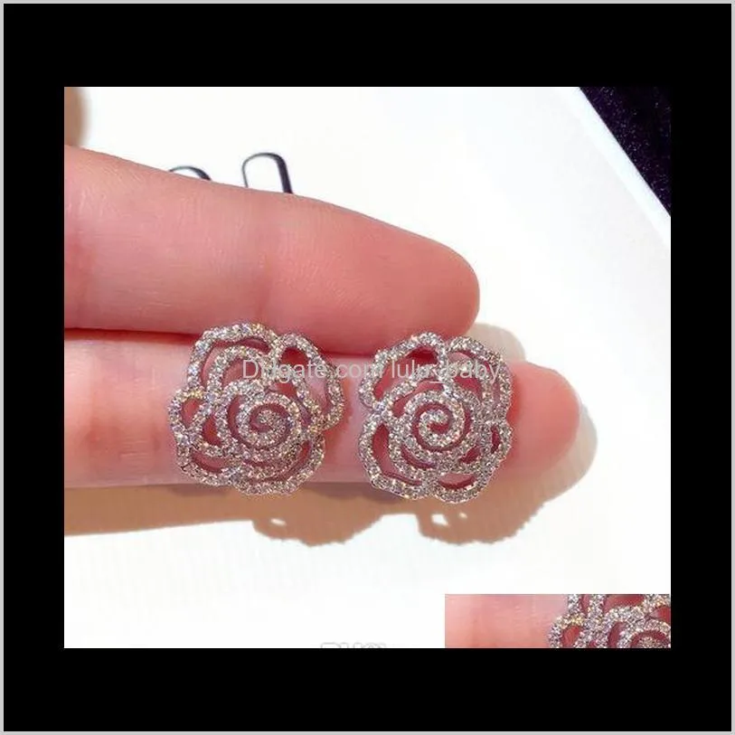 super glittering new hot ins fashion luxury designer diamonds zircon elegant camellia rose flower stud earrings for woman girls gold