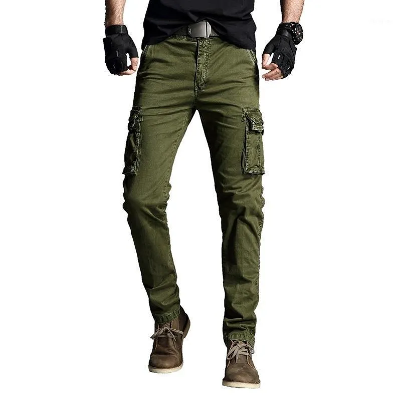 Pantaloni da uomo Uomo 2021 Pantaloni in cotone elasticizzato Pantaloni cargo Stile militare Dritto Molte tasche Verde militare Blu Cachi Nero Uomo