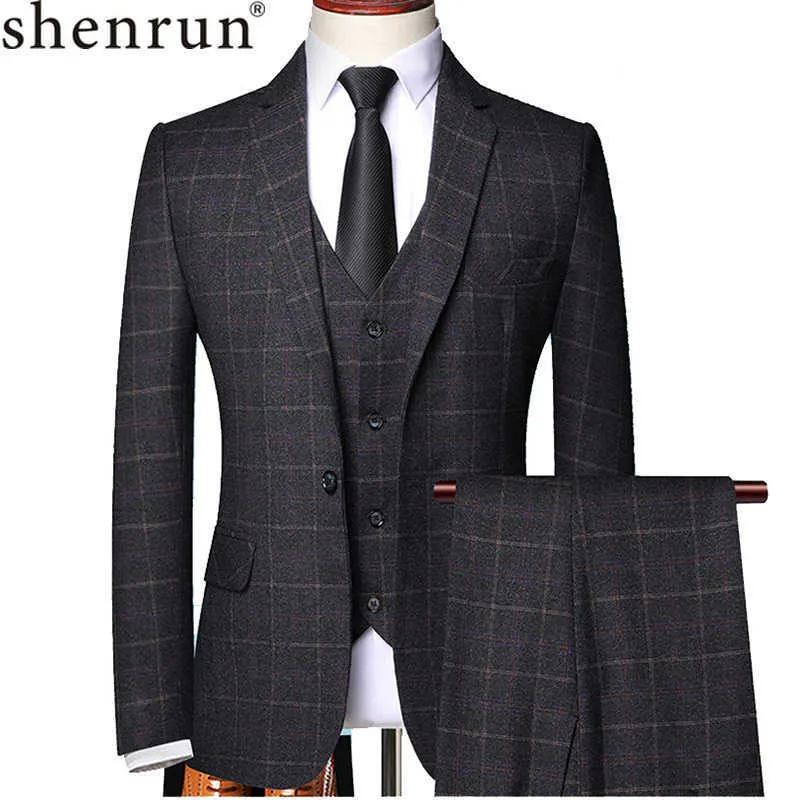 Shenrun Men 3 Pieces Suit Spring Autumn Plaid Slim Fit Business Formal Casual Check Suits Office Work Party Prom Wedding Groom X0608