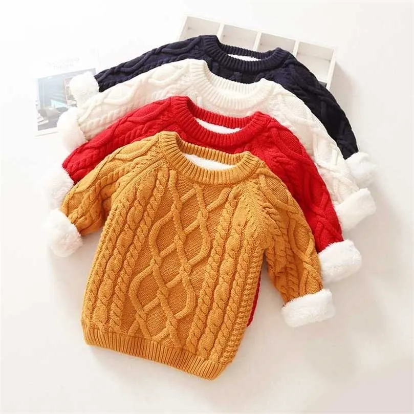Kids Boys Girls Sweater Winter Thick Warm Add Wool Baby Boy Spring Long Sleeve Knitwear Tops Clothes 211104