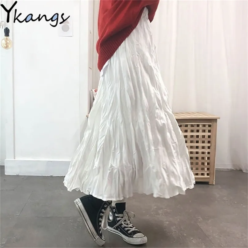 Lato Solidne Białe Czarne Gotyckie Plisowane Spódnice Kobiet Harajuku Wysoka Talia Długie Plus Size Satin Midi Streetwear 210619