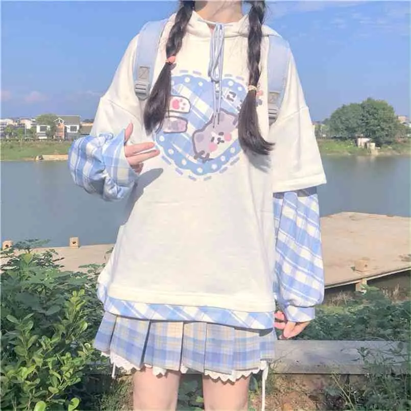 اليابانية kawaii لينة فتاة حلوة القمصان المرقعة الربط البلوز الكامل الأكمام الكرتون المطبوعة سوياتشيرتس فضفاض مقنع 210809