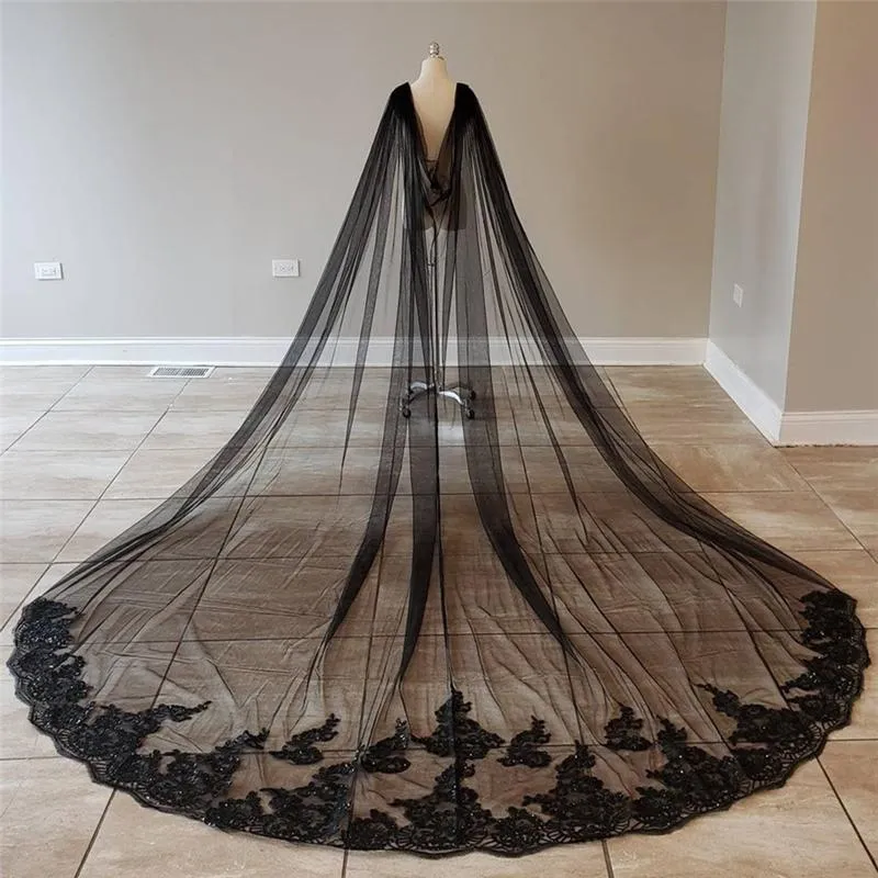 Bridal Veils Real Pos Black Cape paljetter Lace Tulle Wedding Shoulder Boleros Accessories Cathedral för brud 3 5 meter