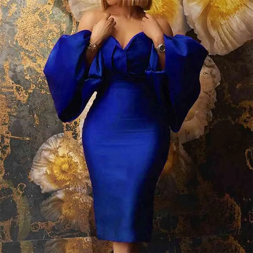 女性のドレスチューブトップのセクシーなストラップレススタイリッシュな肩の特大のランタン長袖ファッションアフリカのナイトパーティードレスローブ210915