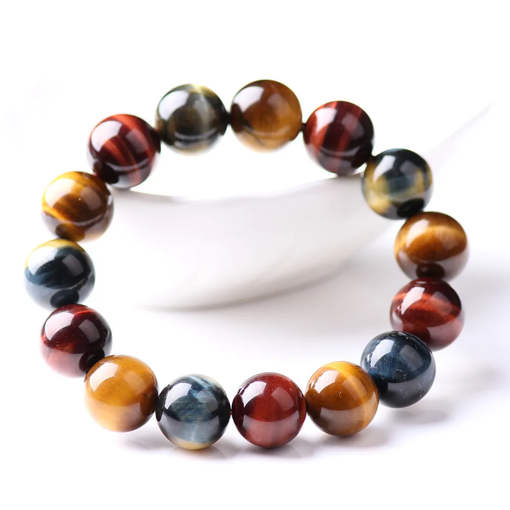 Genuine Natural Colorful Tiger's Eye Gemstone Bracelet Blue Red Yellow Tiger Round Beads Women Men Powerful Stretch AAAAA