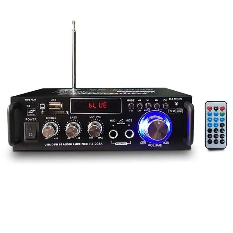 12 V/220 V BT-298A 2-kanałowy wyświetlacz LCD cyfrowy dźwięk HIFI wzmacniacz mocy stereo kompatybilny z Bluetooth Radio FM samochód z pilotem 211011