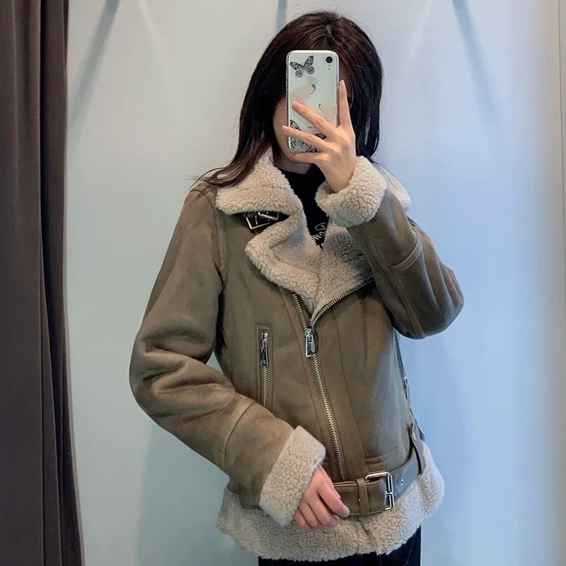 Vintage Faux Leather Suede Lambswool shearling jacket women for Women Winter Biker Coat with Sashes Casual Warmth and Loose Fit Motor Outwear Top 210423