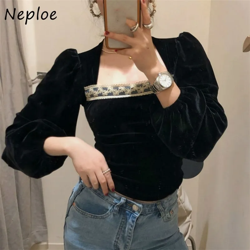 Sexy colarinho quadrado clavícula exposta blusa de veludo mulheres pulôver manga longa magro fit preto blusas primavera camisa 210422