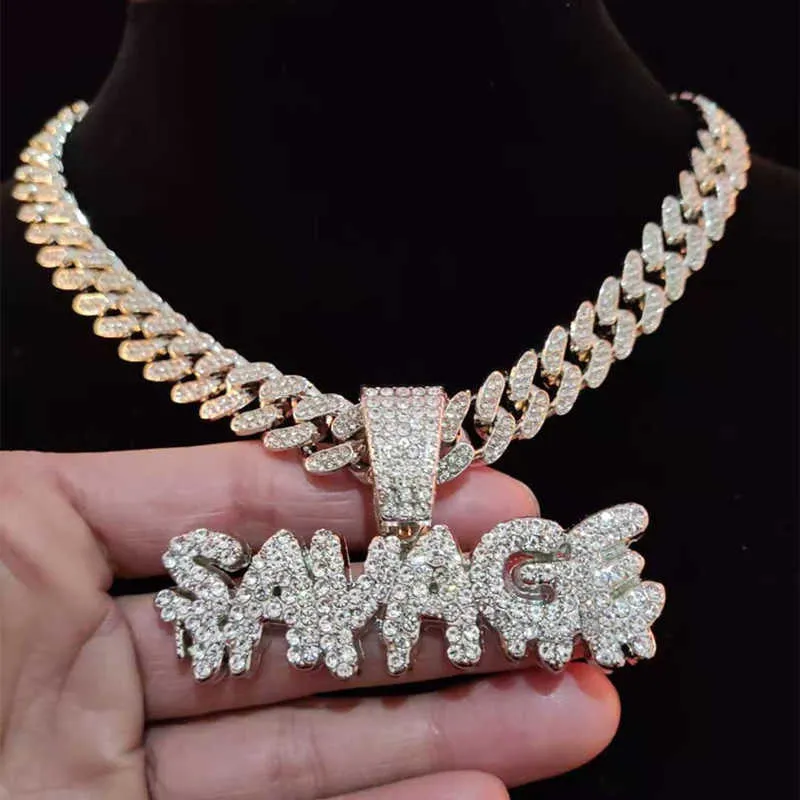 DHgate Mens Iced Out Cuban Chain with SAVAGE Pendant in 18K Gold Plating 13mm 210929 Jewelry