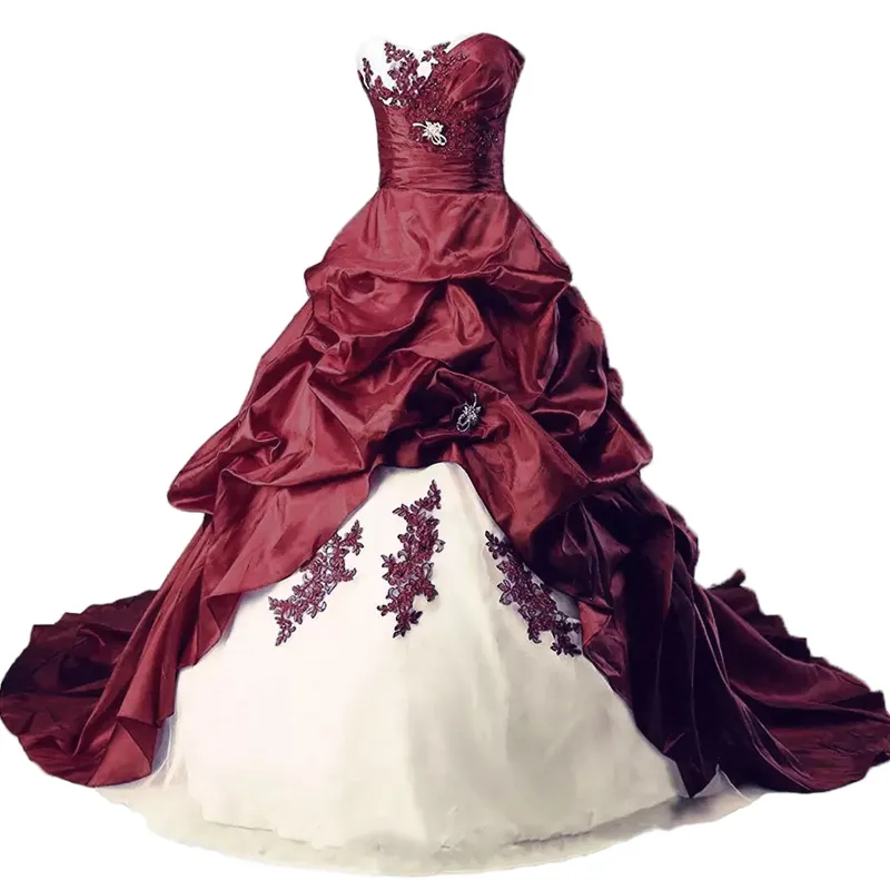 Vintage gerafftes Ballkleid-Hochzeitskleid für Frauen 2022, schwarz-weiß, Farbabstimmung, herzförmiger langer Taft-Brautkleid, appliziertes Spitzenkorsett, gotische Brautkleider