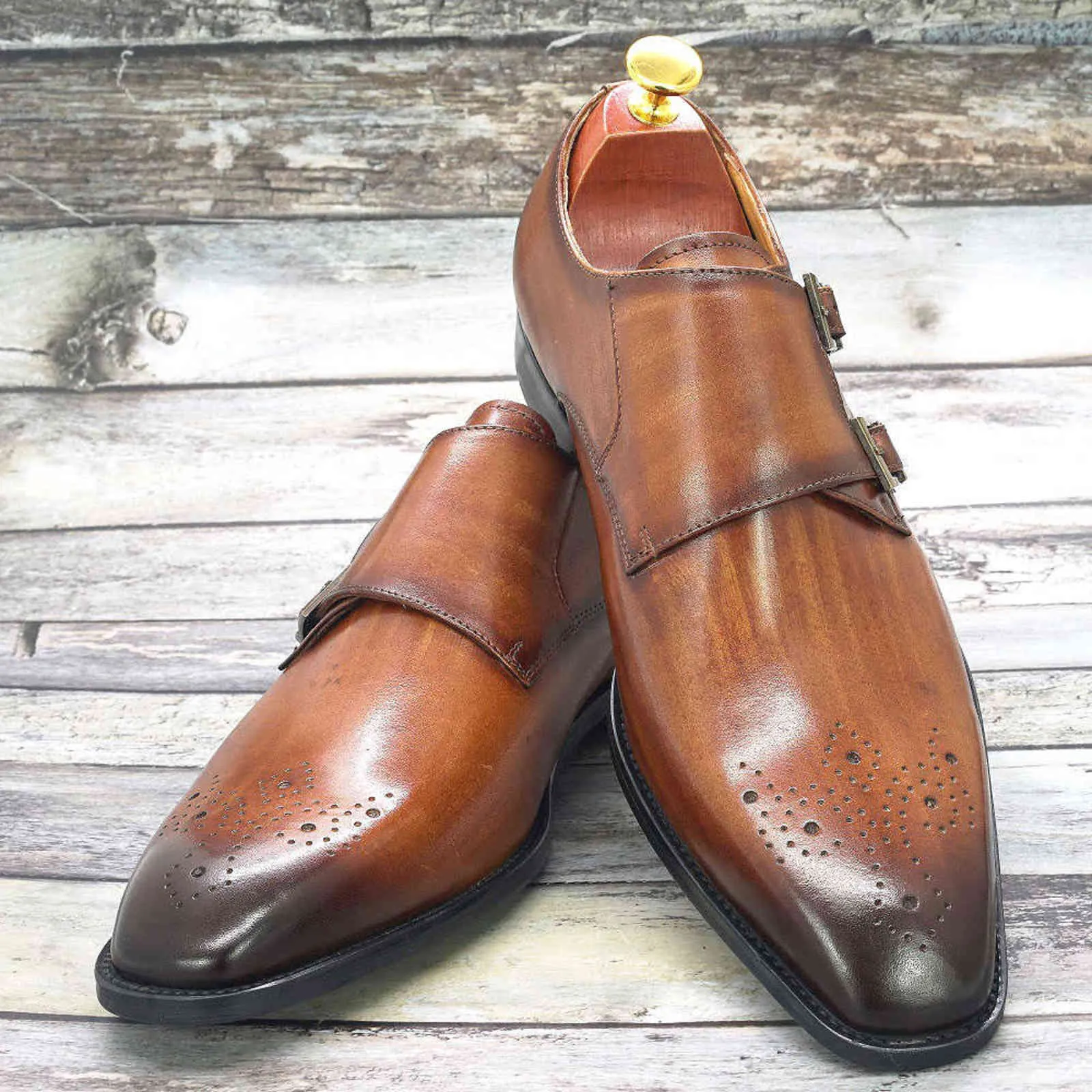 Men\'s Tan Faux Leather Monk Strap Shoes with Buckle Detail, Elegant Formal Footw Austin Tan Double Monk Strap Shoes | Premium Leather & Suede  main image 3