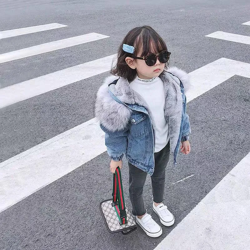 Down Coat Winter Baby Girl Warm Thick Denim Jacket Fur Hooded Toddler Outerwear Cotton Kids Parka Children Windproof