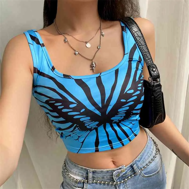 Papillon imprimé Y2K Crop Top Tank pour filles Vêtements d'été Femmes Chic Tee Casual Chemise bleue Gilet Pulls Streetwear 210510