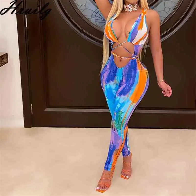 Fashion Bodycon Jumpsuit Tie-dye Wrap Chest Strappy Colorful Sexy Clubwear Skinny Deep V Neck Women's Clothing Summer 210515