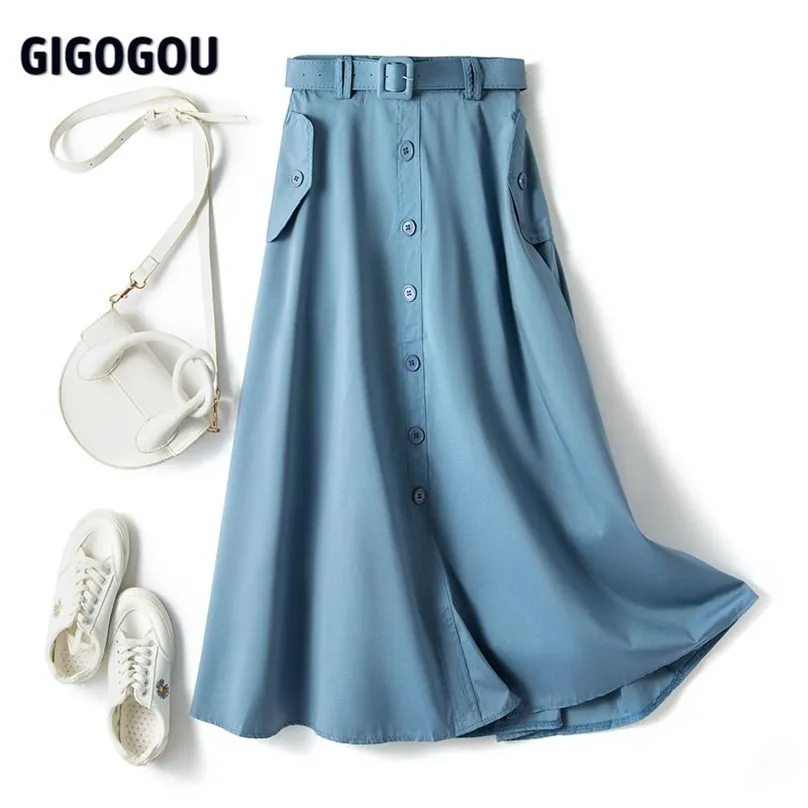 GIGOGOU grande poche femmes longue Midi Jupe élégante taille haute plissée une ligne jupes printemps été Tulle Tutu Jupe Longue 210629