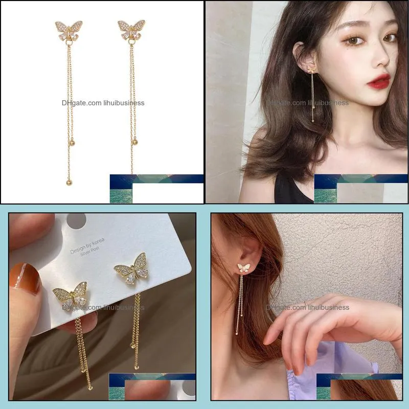 Delicate Premium Texture Long Tassel Earrings Temperamental Fashion Mosaic Full Rhinestone Butterfly Earrings Vigorous Girl Gift