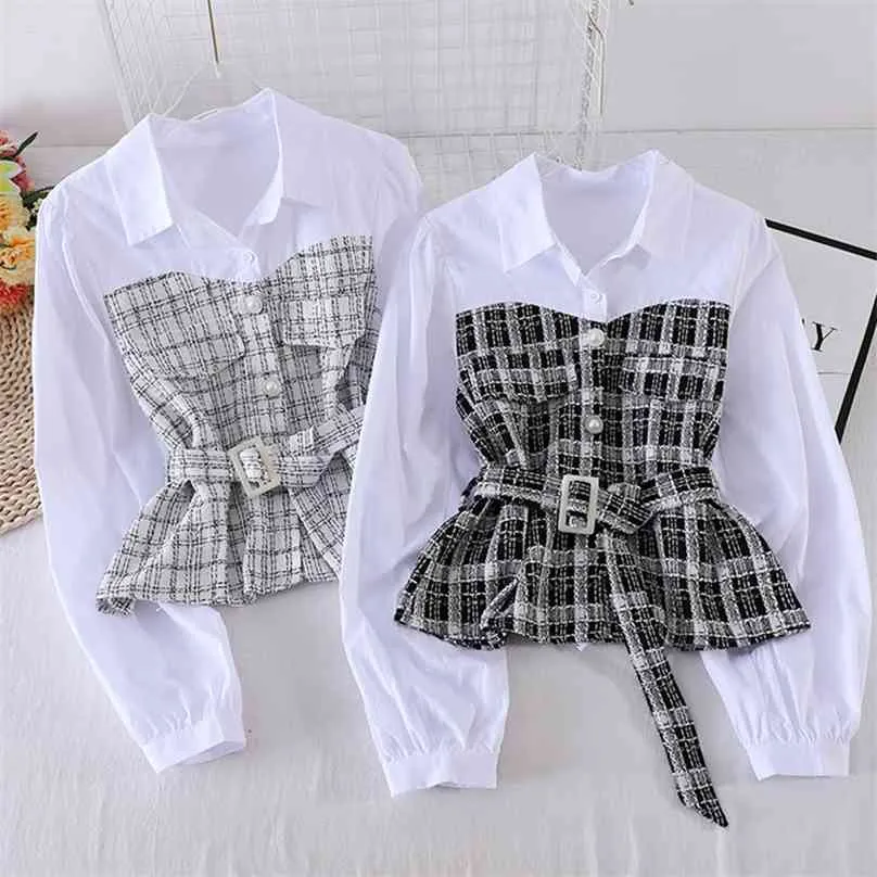 Kvinnor Plaidskjorta Kvinna Höst Koreansk Lös Långärmad Stitching Fake Two-Piece Blouse Turn-down Collar Top GX1145 210719