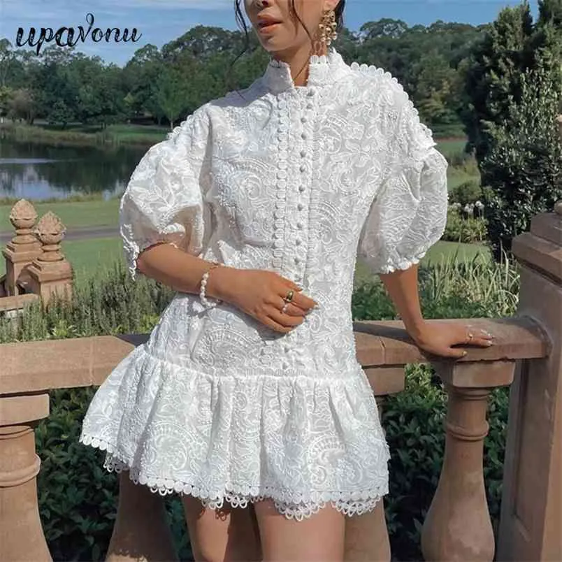 무료 여름 인쇄 드레스 여성의 우아한 랜턴 슬리브 싱글 브레스트 A 라인 클럽 파티 Vestido 210524