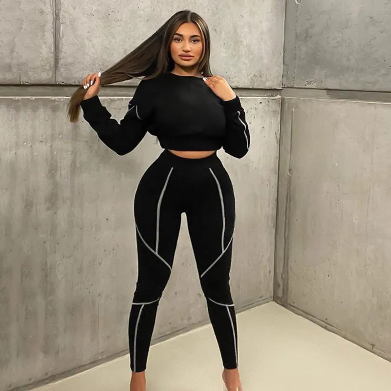 Pantalon deux pièces pour femmes Sense Of Design Bright Line Decoretion Jogging Suit pour femmes O-cou à manches longues Crop Top et Fitness Pantalon sportif