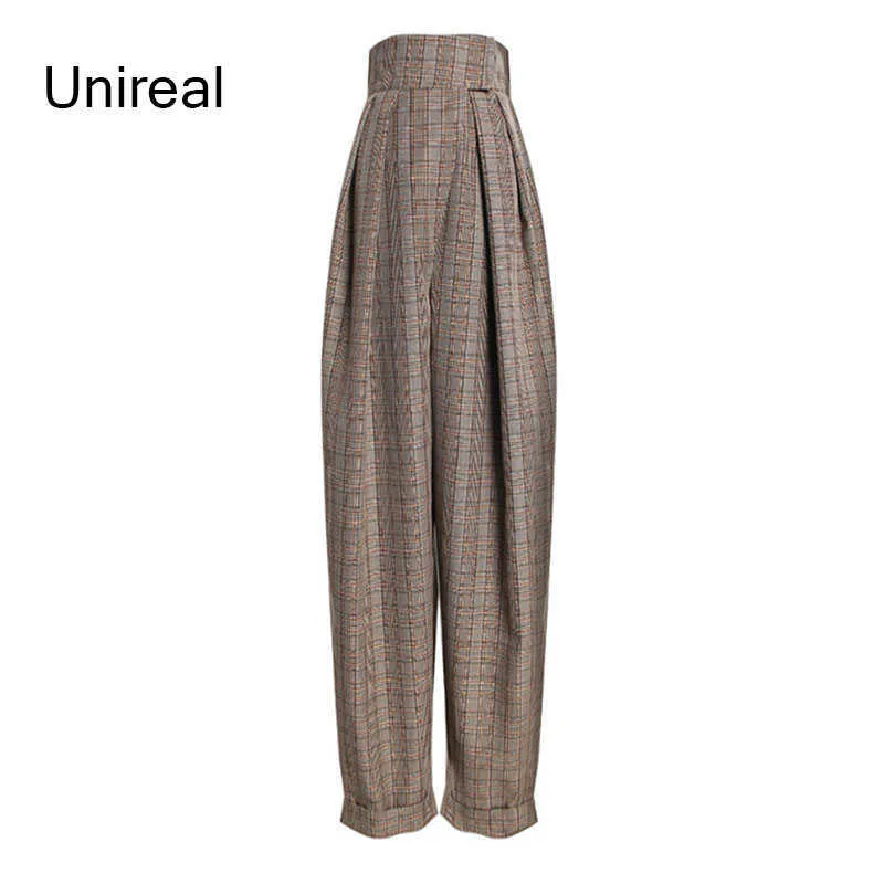 UNIREAL 2021 Sonbahar Kadın Ekose Pantolon Yüksek Bel Moda Vintage Gevşek Rahat Harem Pantolon Streetwear Q0801