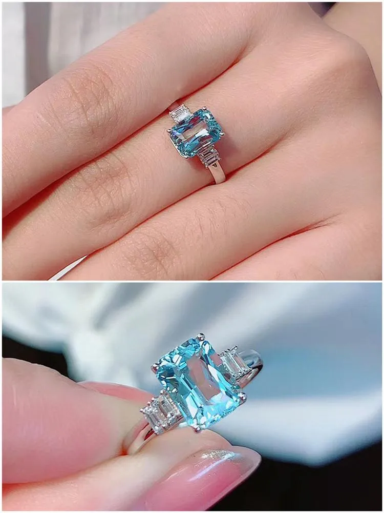 Küme Yüzük Moda Mavi Kristal Akuamarin Topaz Gemstones Diamonds Kadınlar Için Beyaz Altın Gümüş Renk Takı Bague Bijoux Hediyeler