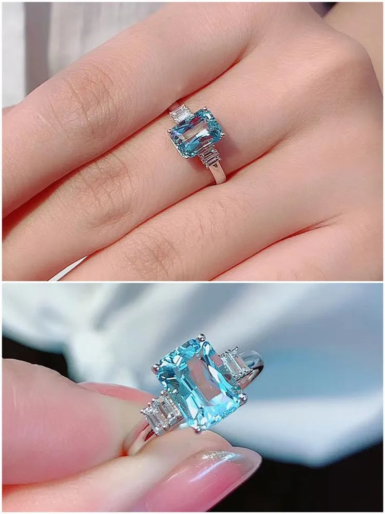 Cluster-Ringe Mode Blauer Kristall Aquamarin Topas Edelsteine Diamanten für Frauen Weißgold Silber Farbe Schmuck Bague Bijoux Geschenke