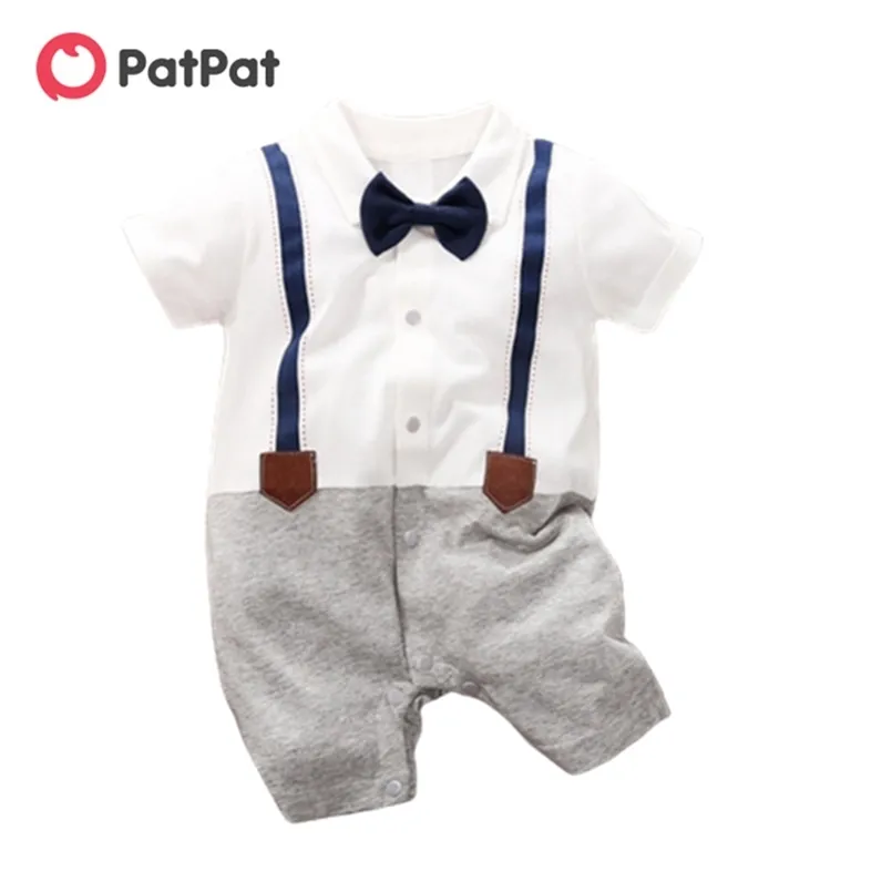 Aankomst zomer en lente baby jongen gentleman faux-twee overalls romper (losse vorm) kleding 210528